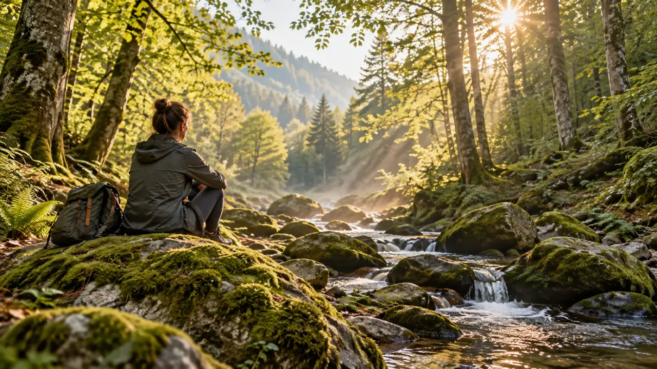 Espace de méditation lumineux ouvert sur une forêt brumeuse