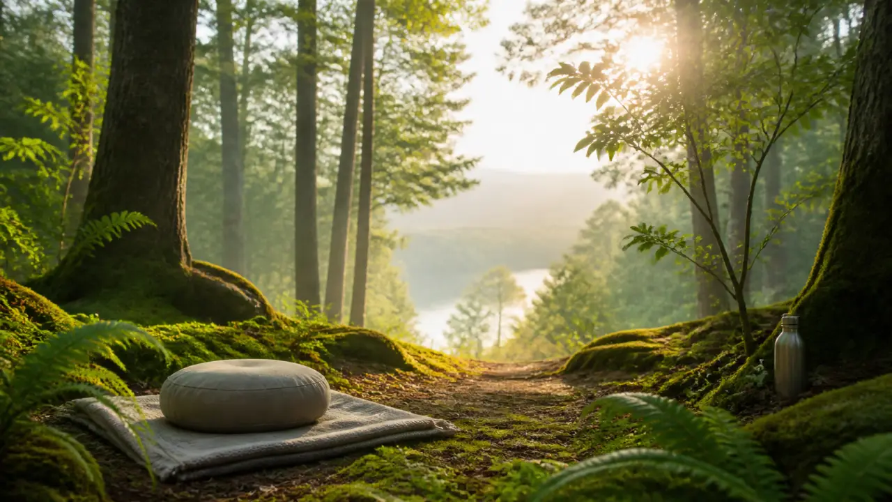 Retraite en forêt au lever du jour, ambiance paisible et lumineuse