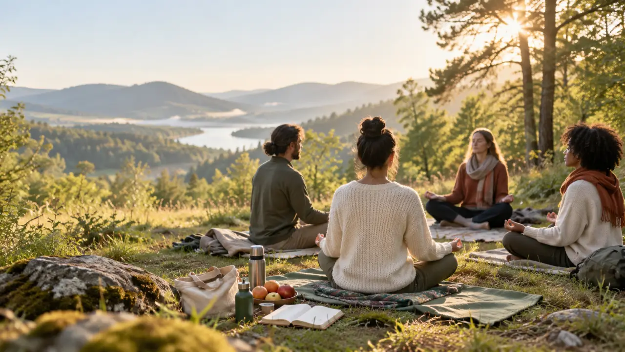 Espace de méditation lumineux donnant sur une forêt paisible