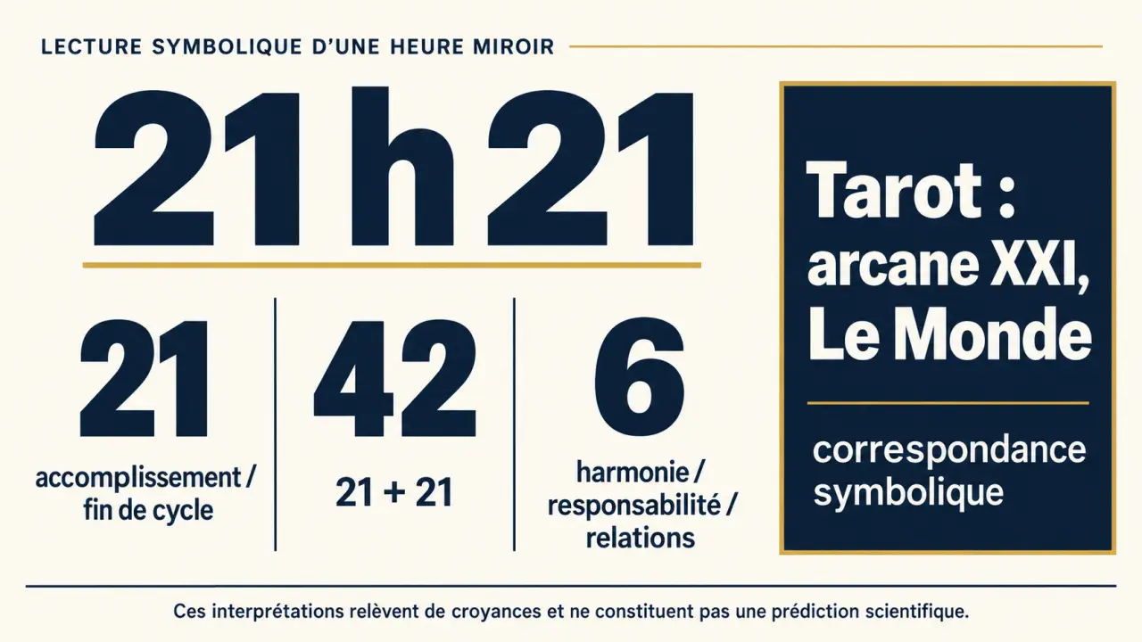 Infographie sur 21 h 21, les nombres 21, 42 et 6, et l’arcane XXI du Tarot
