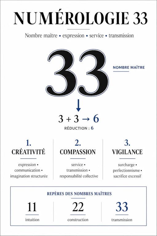 Infographie numerologie 33 montrant le double 3, la réduction 6 et les nombres maîtres 11, 22, 33