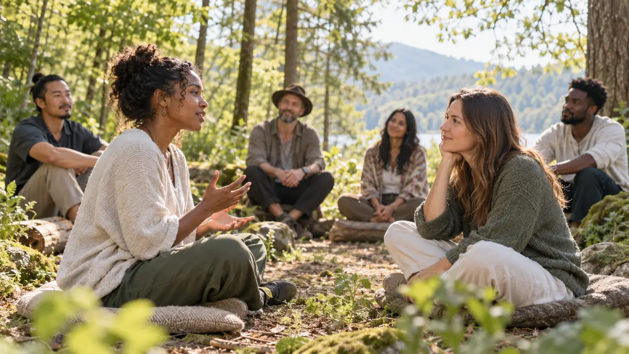 Espace de méditation paisible au bord d'une forêt brumeuse