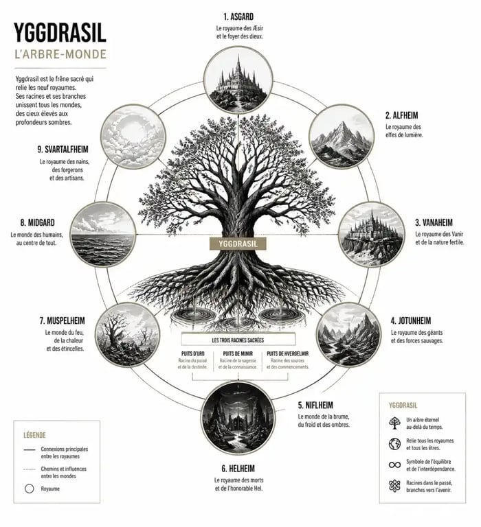 Schéma de l'arbre-monde Yggdrasil dans la religion des Vikings