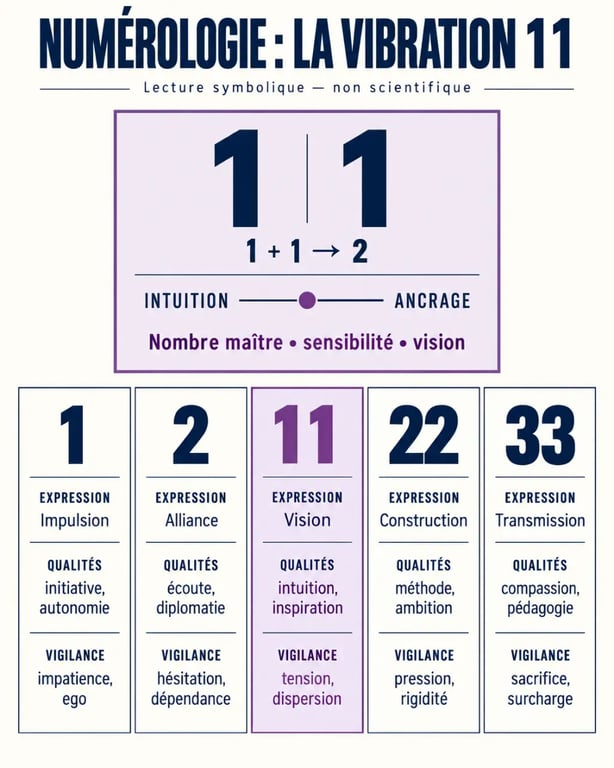 Infographie de numérologie 11 comparant les nombres 1, 2, 11, 22 et 33