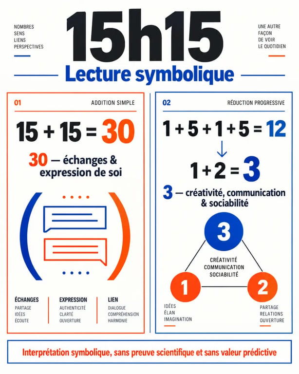 Infographie sur la signification symbolique de 15h15, les calculs numérologiques 30 et 3 et leurs interprétations