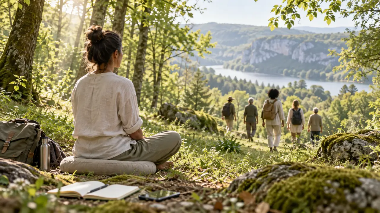 Espace de méditation lumineux donnant sur une forêt brumeuse