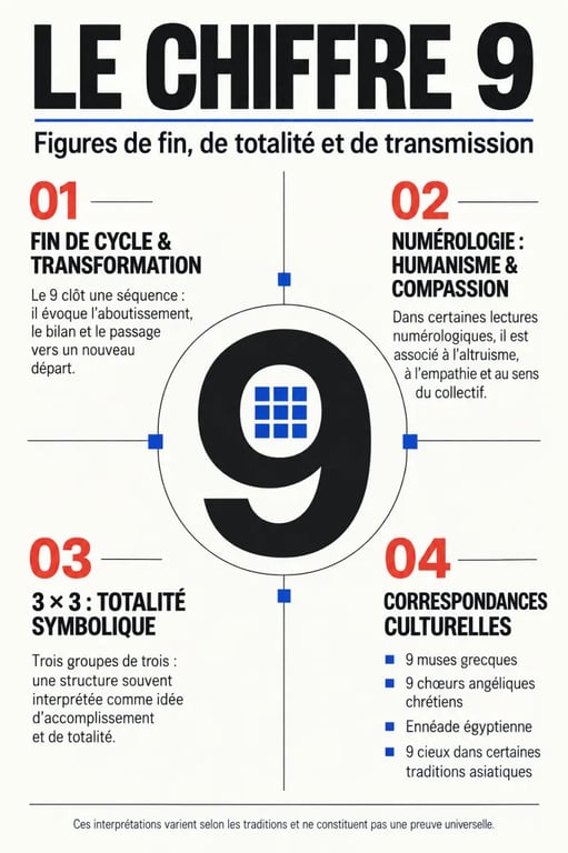 Infographie sur la signification du chiffre 9 en numérologie et dans les traditions culturelles