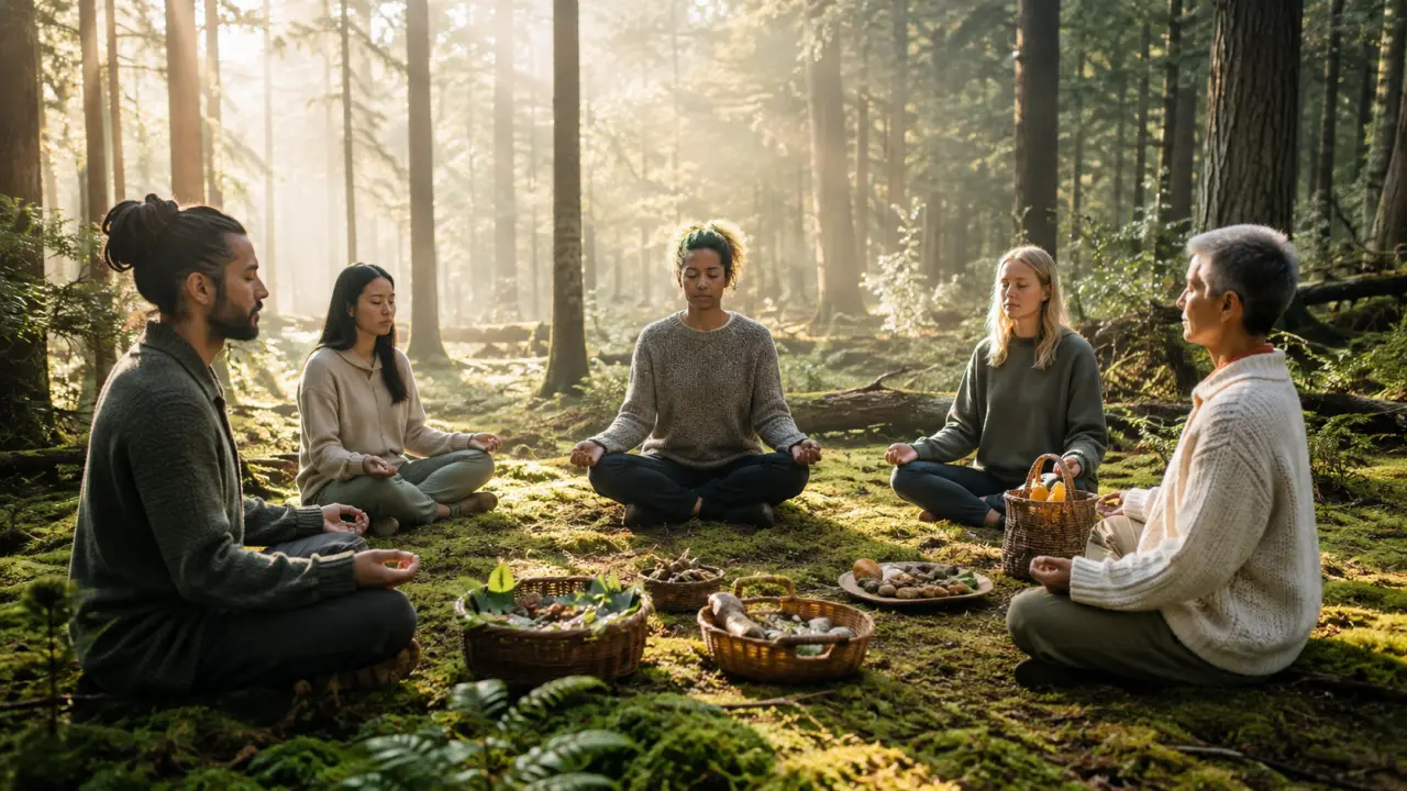 Espace de méditation lumineux ouvert sur une forêt, ambiance douce et naturelle