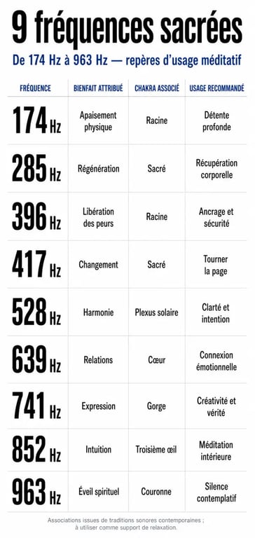Infographie des fréquences sacrées 174 Hz à 963 Hz avec chakras, bienfaits attribués et usages recommandés