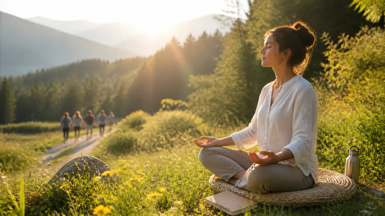 Espace de méditation minimaliste et serein, baigné par la lumière chaude du matin