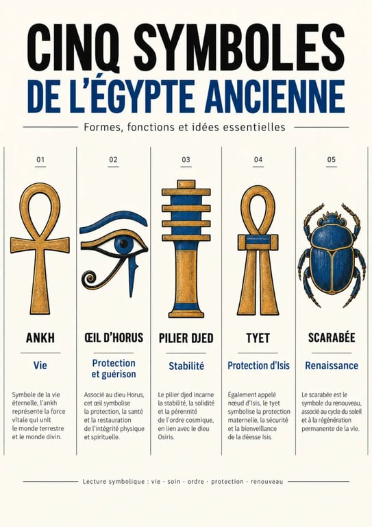 Symboles égyptiens à reconnaître : ankh, Œil d’Horus, Djed, Tyet et scarabée avec leur signification