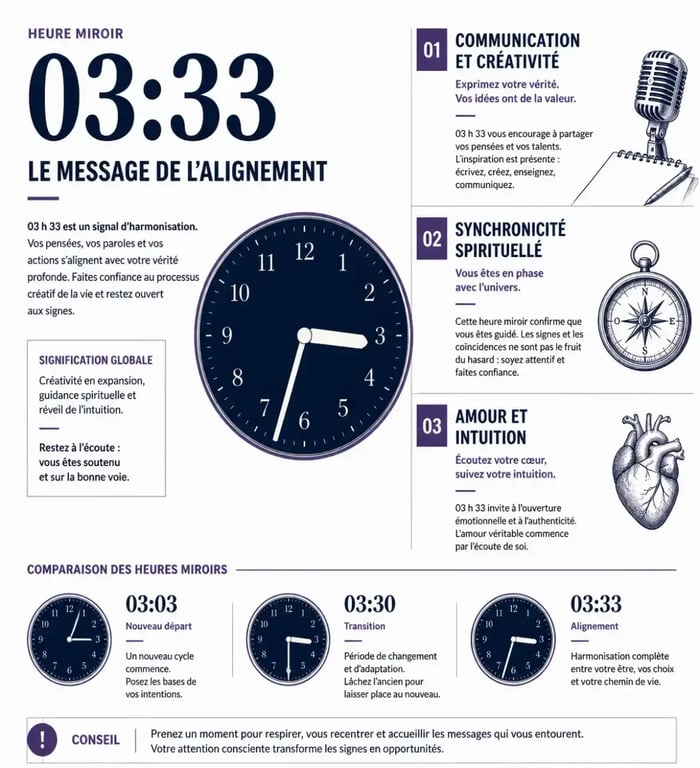 Heure miroir 3 h 33 illustrée par une synthèse visuelle de sa signification, de l’ange et de la numérologie