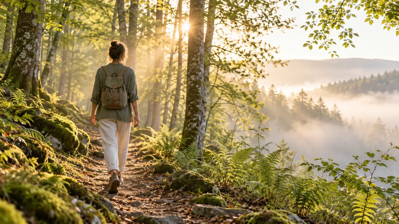 Personne marchant lentement dans une forêt lumineuse et paisible