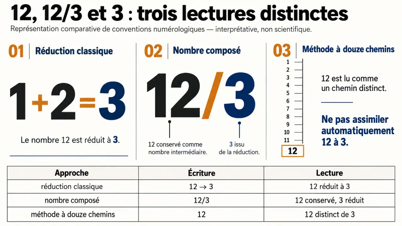 Infographie du chemin de vie 12 montrant la différence entre 12, 12/3 et 3 selon les méthodes de numérologie