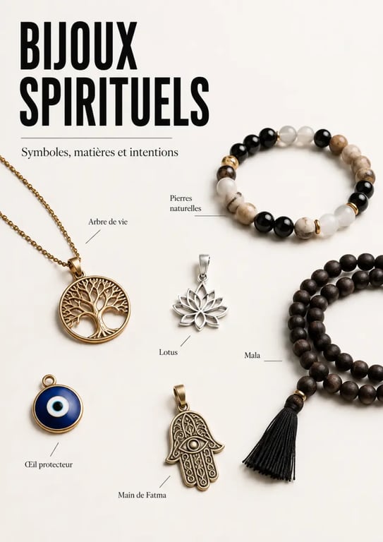 Bijoux spiritualité : collier arbre de vie, bracelet en pierres naturelles et pendentifs symboliques dans une composition éditoriale