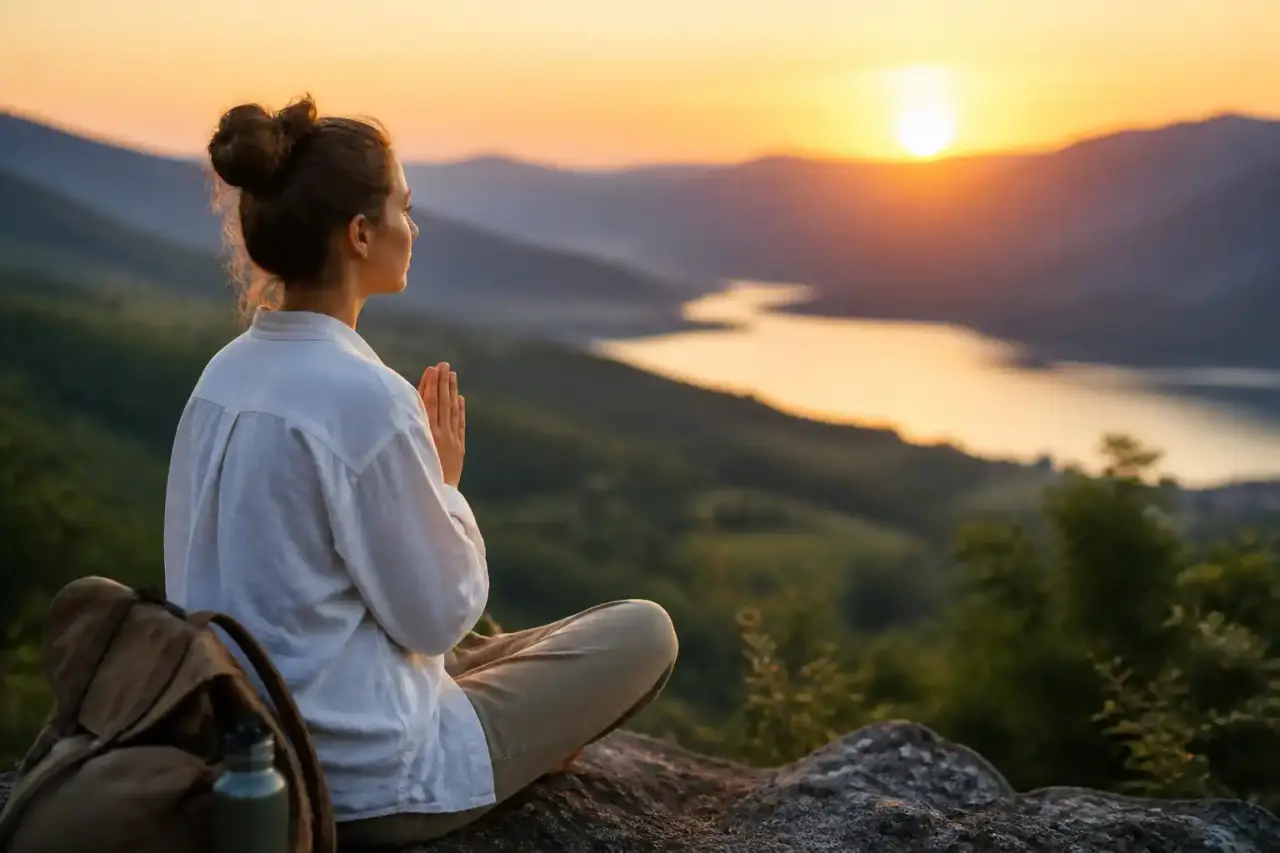 Espace de méditation minimaliste baigné de lumière douce, avec matériaux naturels et ambiance sereine