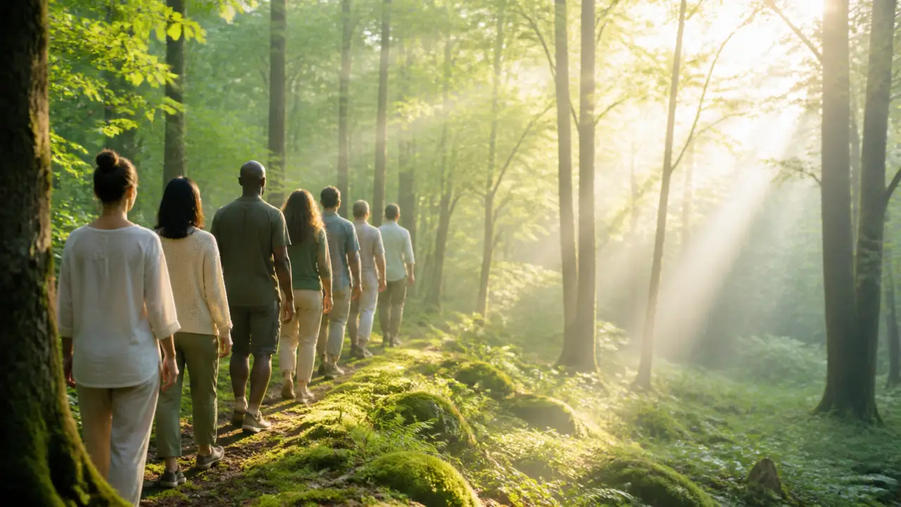 Marche silencieuse en forêt dans une atmosphère douce et lumineuse