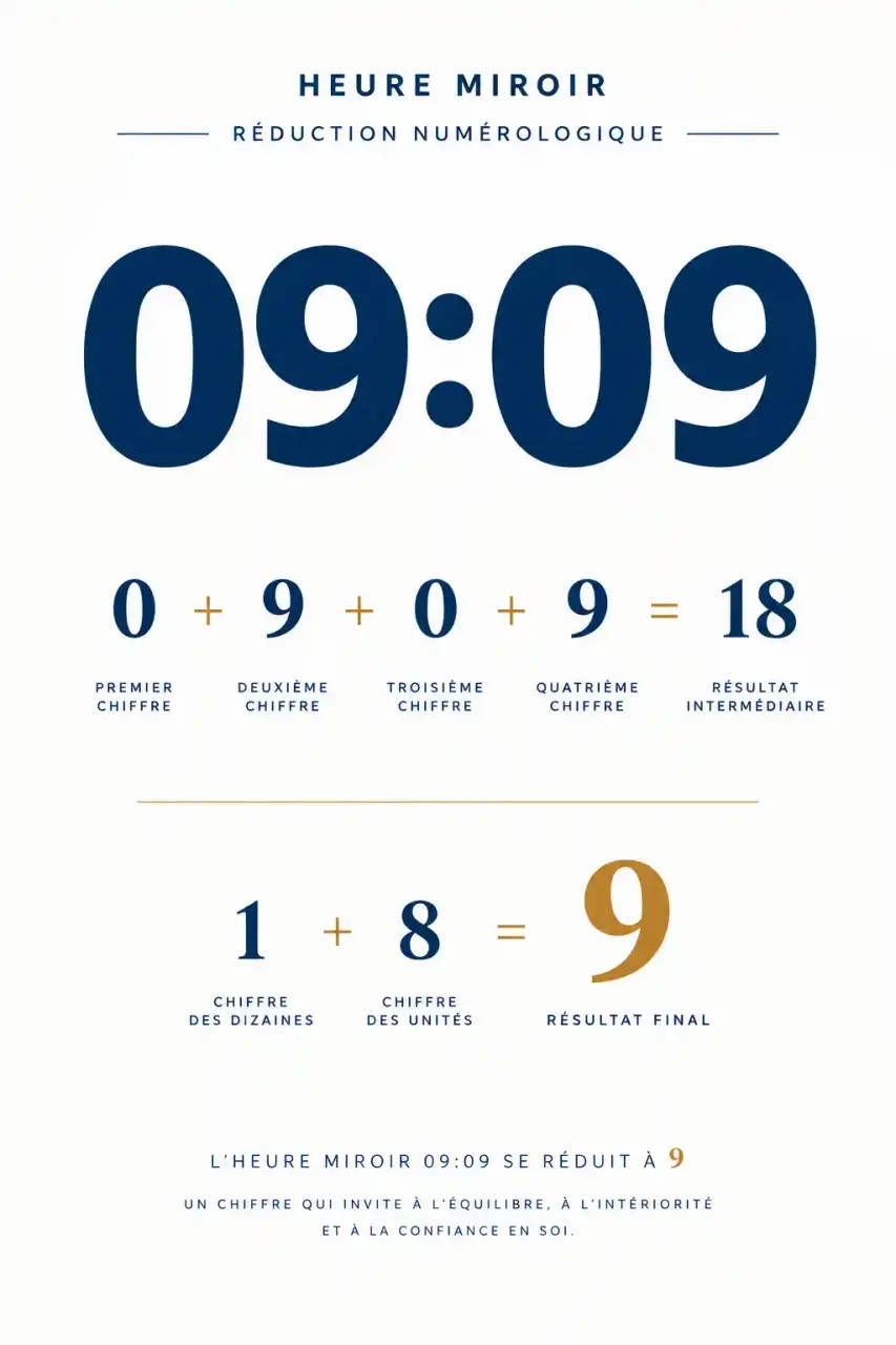 Schéma de la réduction numérologique de 09:09 : 0+9+0+9 = 18, puis 1+8 = 9