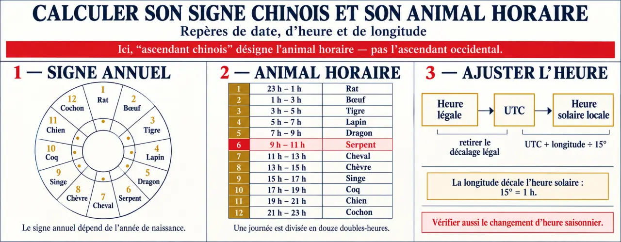 Infographie sur le calcul signe chinois et ascendant avec les douze animaux, les heures chinoises et la conversion en heure solaire