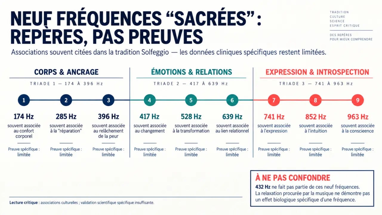 Fréquences sacrées de 174 à 963 Hz, associations traditionnelles et distinction entre croyances et preuves scientifiques