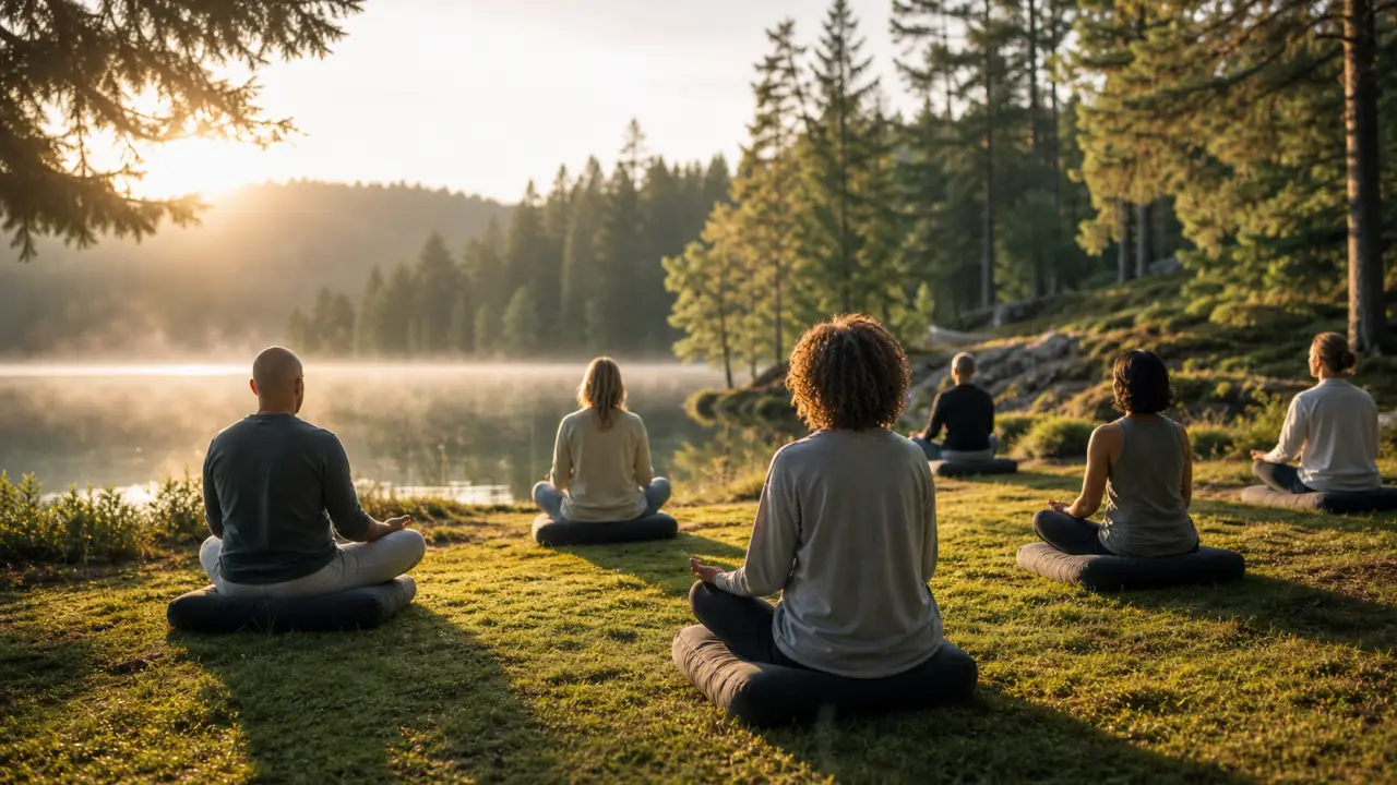 Espace de méditation minimaliste baigné de lumière douce, avec bois clair et vue sur la nature