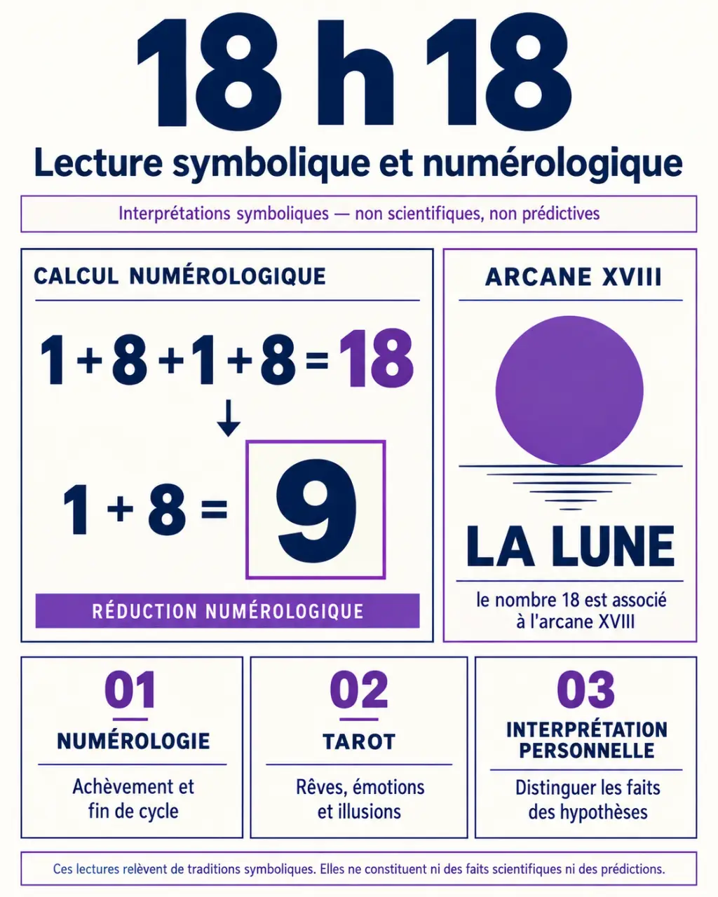 Infographie sur la signification de 18 h18, le chiffre 9 et l’arcane La Lune