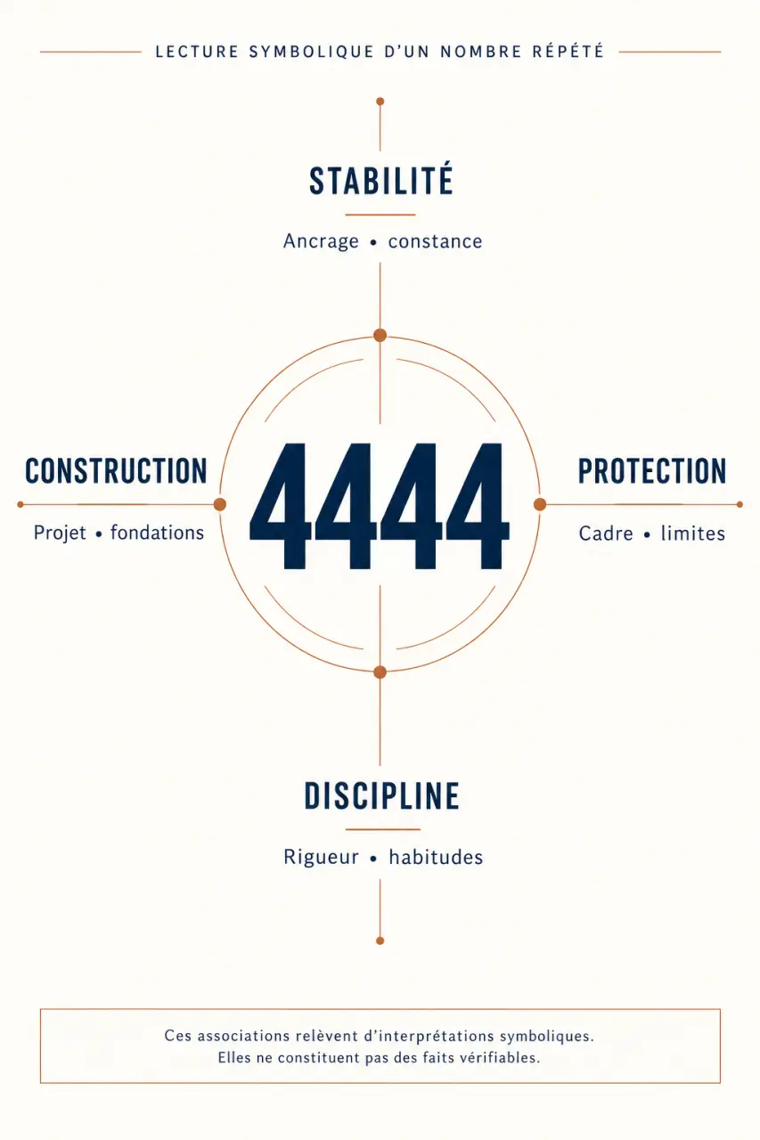 Infographie éditoriale sur la signification 4444 et ses quatre dimensions symboliques