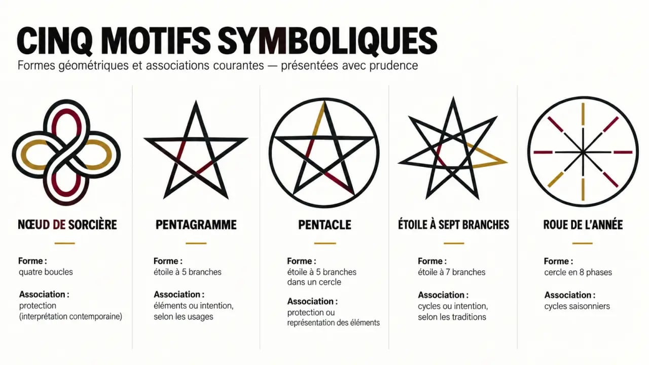 Infographie du symbole sorcière comparant le nœud de sorcière, le pentagramme, le pentacle, l’étoile des elfes et la roue de l’année