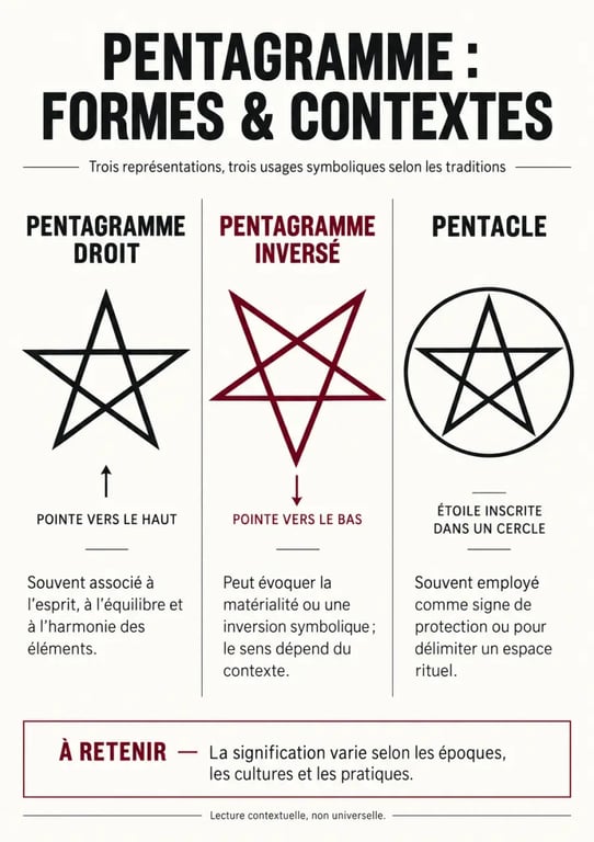 Schéma comparatif du pentagramme inversé, du pentagramme droit et du pentacle