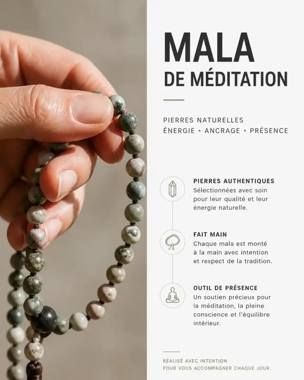 Mala en pierres naturelles utilisé comme bijou énergétique pendant la méditation