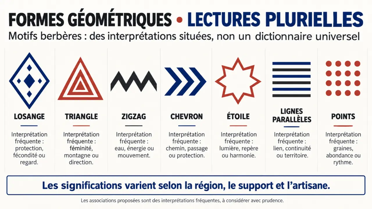 Symboles berbères signification : planche visuelle des principaux motifs géométriques et de leurs interprétations prudentes