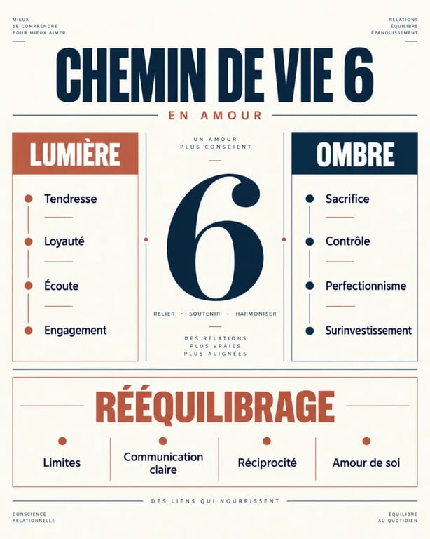 Chemin de vie 6 en amour : qualités, déséquilibres et leviers de rééquilibrage