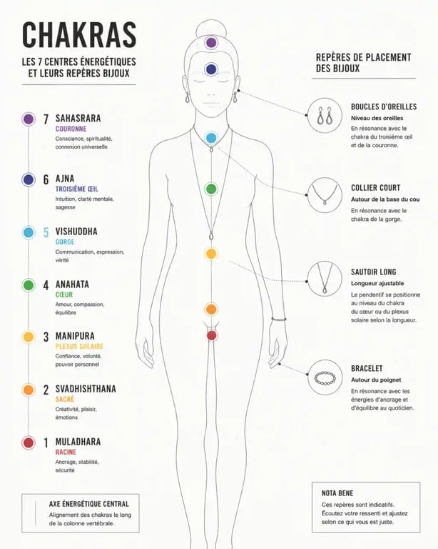 Schéma des chakras et du placement du bijou énergétique sur le corps