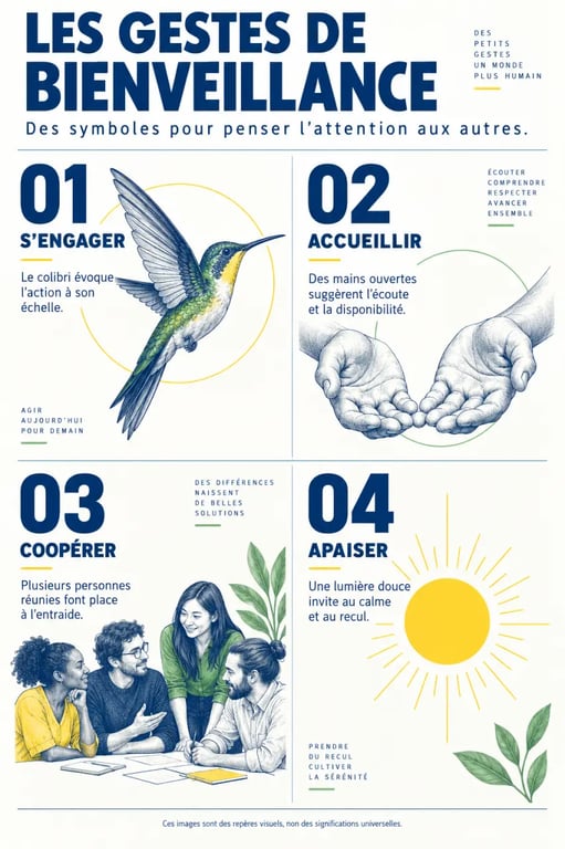 Infographie des symboles de la bienveillance avec colibri, mains ouvertes et entraide