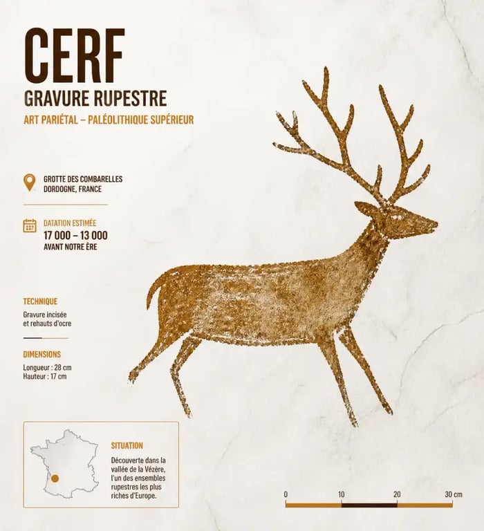 Cerf symbole dans l'art préhistorique, gravure rupestre ocre sur pierre