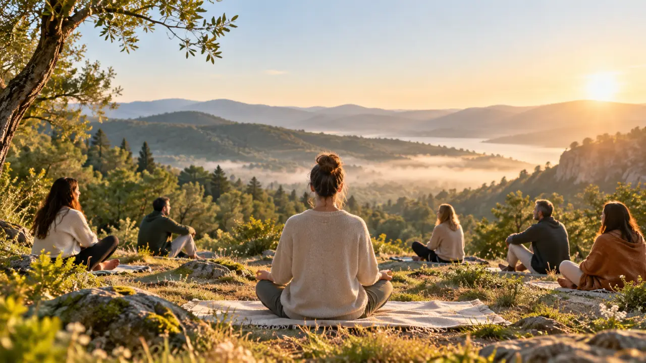 Espace de méditation lumineux ouvert sur une forêt brumeuse