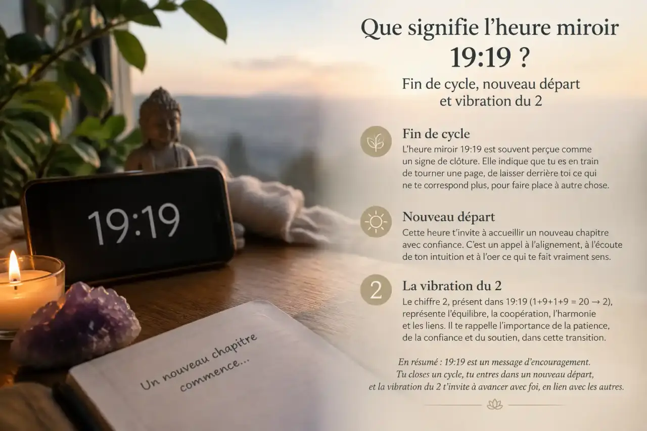 Que signifie l’heure miroir 19:19 ? Fin de cycle, nouveau départ et vibration du 2
