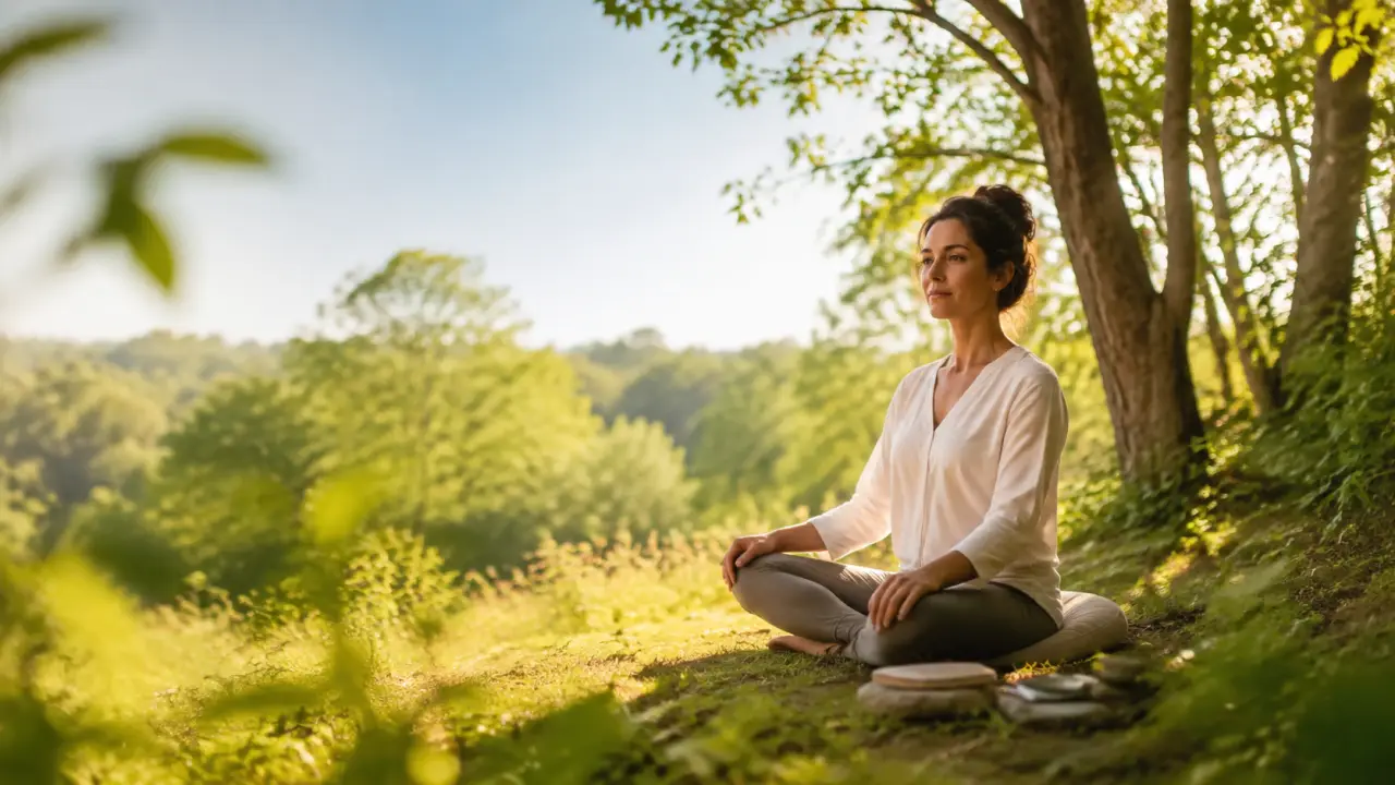 Espace de méditation lumineux et minimaliste, ambiance chaleureuse et apaisante
