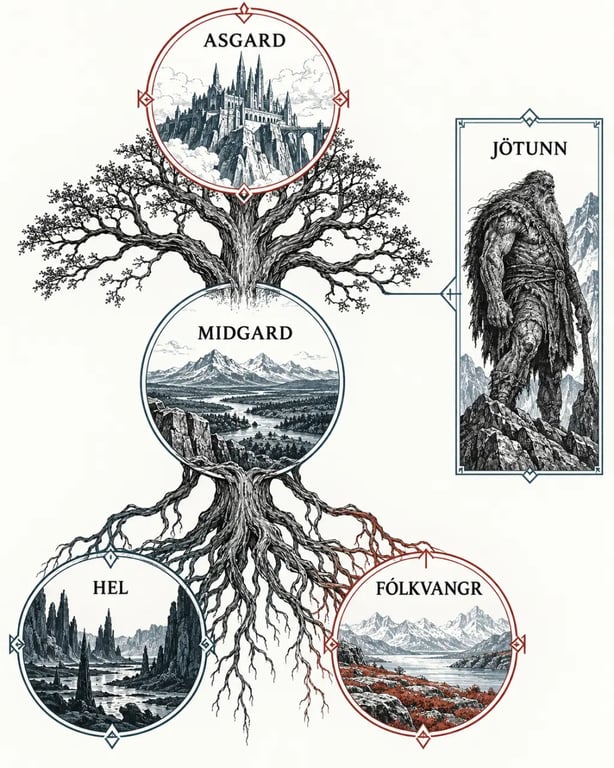 Schéma de la cosmologie de la religion viking autour d’Yggdrasil, d’Asgard, de Midgard et de Hel