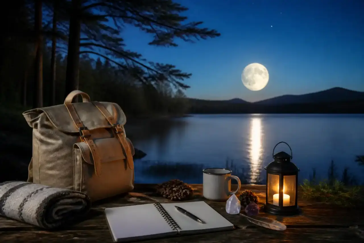 Préparation d'une retraite en nature sous une lumière douce, avec carnet, tissu clair et paysage forestier