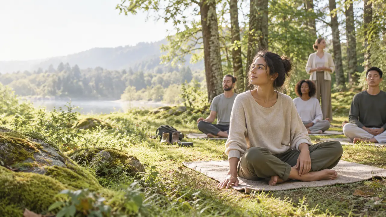 Espace de méditation lumineux donnant sur une forêt brumeuse