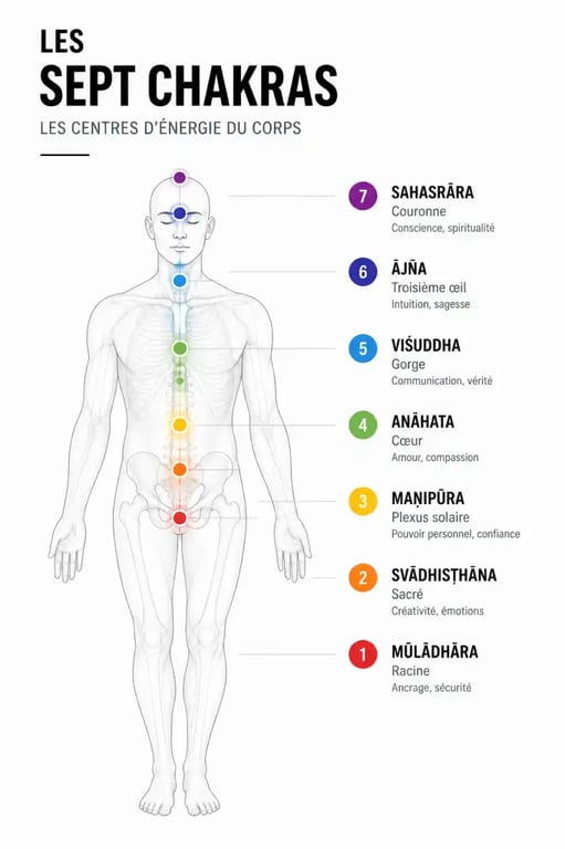 Schéma des 7 chakras et leurs rôles positionnés sur le corps humain