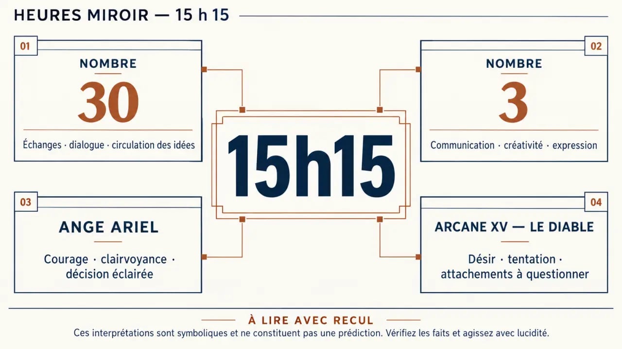 Infographie sur 15 15 heures miroir, avec les interprétations symboliques du nombre 3, du nombre 30, de l'ange Ariel et du tarot
