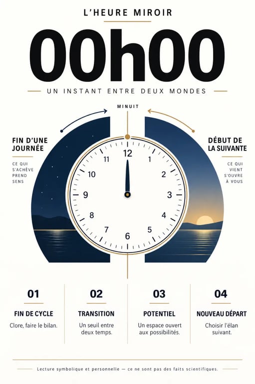 Infographie expliquant la symbolique de l'heure miroir 00h00 entre fin de cycle et nouveau départ