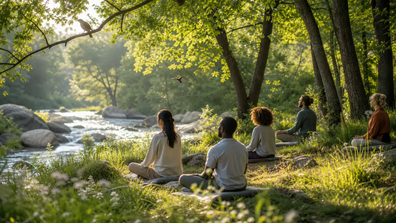 Espace de méditation lumineux en pleine nature, avec bois clair, lin et forêt brumeuse en arrière-plan